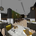 Stylish Restaurant Interior Design With Tables Chairs Pendant Lights And Green Plant Wall