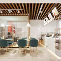 Modern Milk Tea Shop Interior With Green Chairs Hanging Lights Tables And Glass Display Cabinets