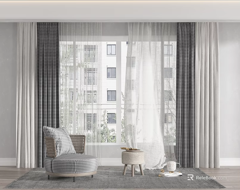 Elegant Gray and White Checkered Curtains with Sheer Panels for Window in Modern Home Interior 3d model 