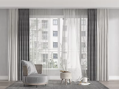 Elegant Gray and White Checkered Curtains with Sheer Panels for Window in Modern Home Interior 3d model