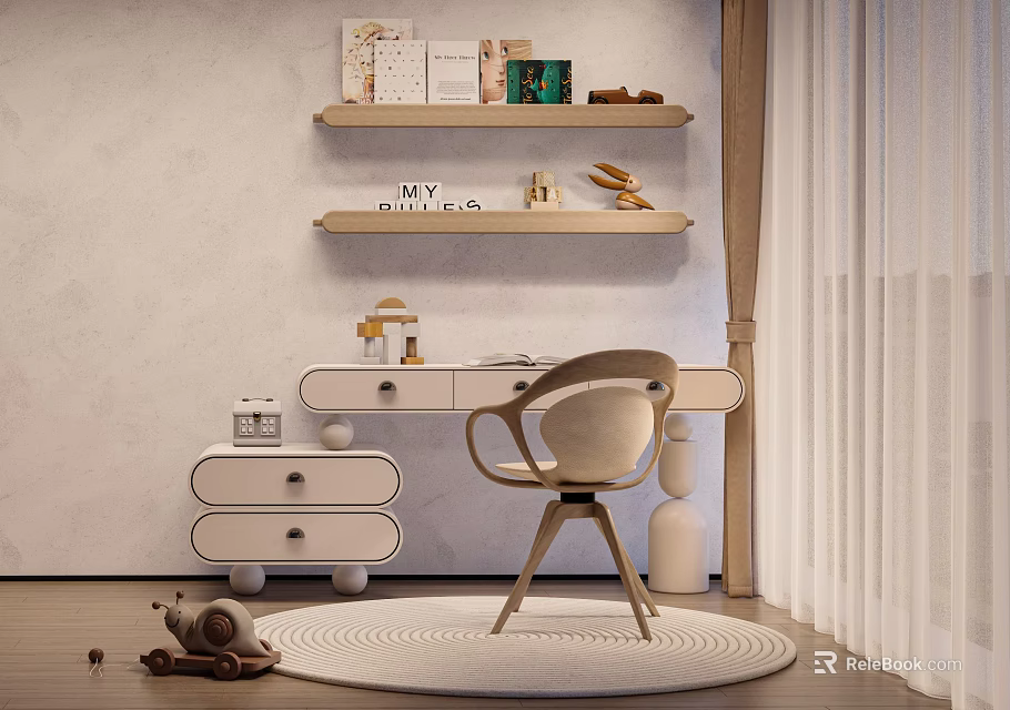 Cozy Children's Desk With Chair Shelves Books And Rug For Kids Study Room 3d model 