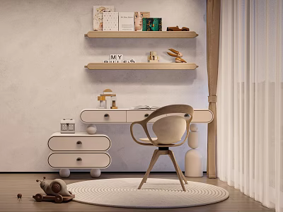 Cozy Children's Desk With Chair Shelves Books And Rug For Kids Study Room 3d model