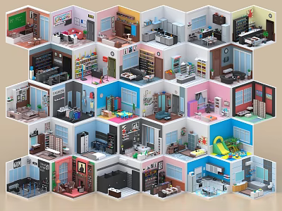 Birds Eye View Planning of Multiple Interior Room Models with Various Designs and Furniture 3d model