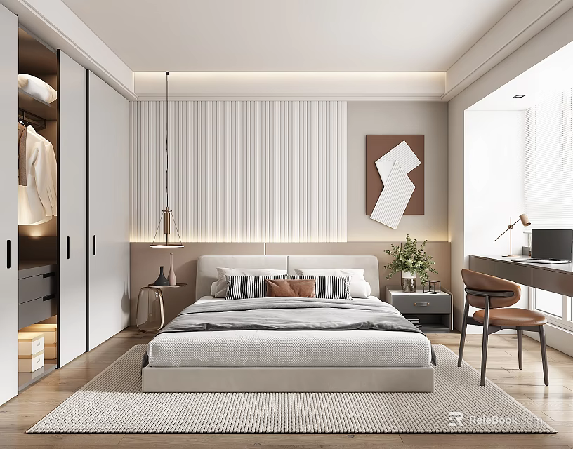 Modern Bedroom Interior With Bed Built In Wardrobe Desk Rug And Abstract Wall Art 3d model 
