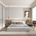 Modern Bedroom Interior With Bed Built In Wardrobe Desk Rug And Abstract Wall Art