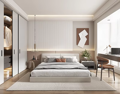 Modern Bedroom Interior With Bed Built In Wardrobe Desk Rug And Abstract Wall Art 3d model