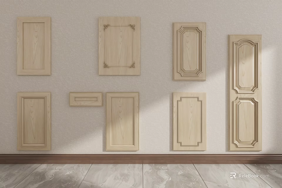 Various Decorative Wooden Door Panels With Different Classic Styles On Wall 3d model
