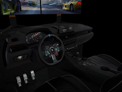 Racing Simulator Cockpit Interior With Steering Wheel Dashboard And Dual Gaming Screens 3d model
