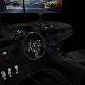 Racing Simulator Cockpit Interior With Steering Wheel Dashboard And Dual Gaming Screens