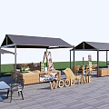 Outdoor Wooden Market Stalls With WOOD TIME Sign Tent Canopies And Display Tables
