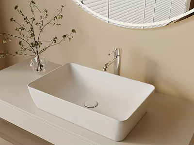 Modern Bathroom Sink With White Countertop And Round Mirror Above 3d model