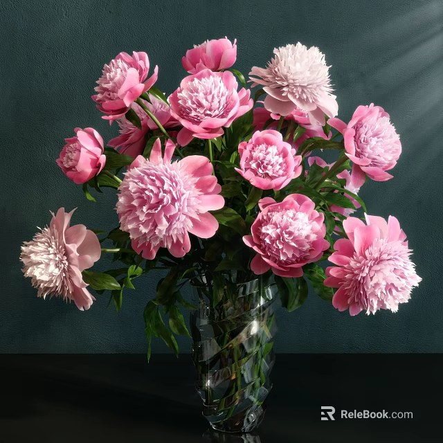 Pink Peonies In Transparent Glass Vase Against Dark Green Wall With Soft Light 3d model 