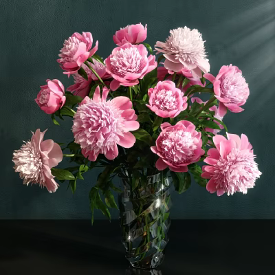 Pink Peonies In Transparent Glass Vase Against Dark Green Wall With Soft Light 3d model