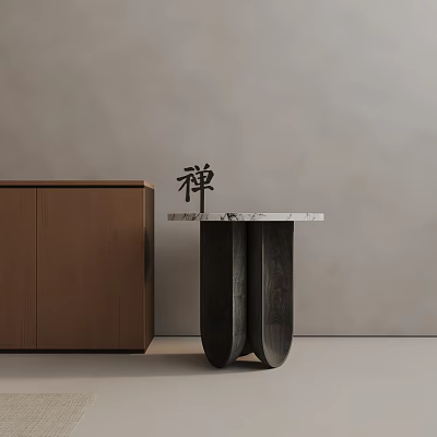 Zen Style Side Table With Marble Top And Black Base Next To Wooden Cabinet 3d model