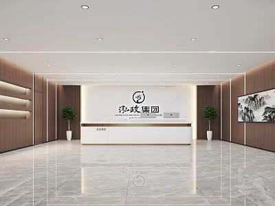 Modern Company Lobby Reception Desk with Marble Floor Wooden Walls Green Plants and Logo 3d model