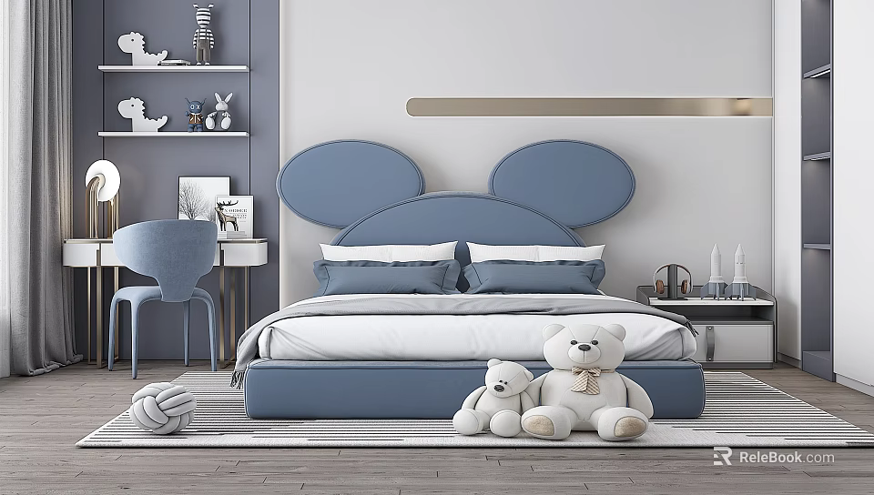 Cozy Kids Room Interior With Blue Mickey Mouse Ears Headboard And Stuffed Teddy Bears 3d model 
