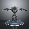 Detailed Mechanical Robot Figure With Complex Design On Illuminated Circular Base