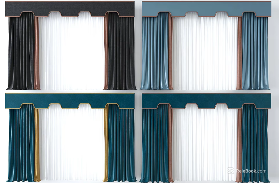 Stylish Black Blue Green Brown Velvet Curtains With Valance And Sheer Panels 3d model 
