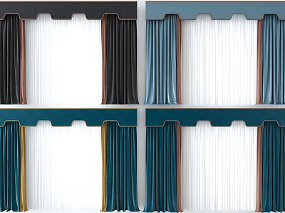 Stylish Black Blue Green Brown Velvet Curtains With Valance And Sheer Panels 3d model