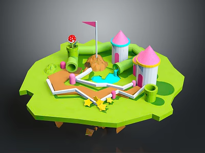 Green Grassy Island With Pink Roofed Towers Red Mushroom Flag Slides Pool And Yellow Stars 3d model