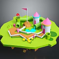 Green Grassy Island With Pink Roofed Towers Red Mushroom Flag Slides Pool And Yellow Stars