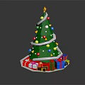 Green Decorated Christmas Tree With Star Top Colorful Ornaments And Gift Boxes Around Base