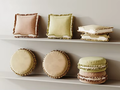 Decorative Pillows With Fringed Edges Various Shapes And Pastel Tones On White Display Shelves 3d model