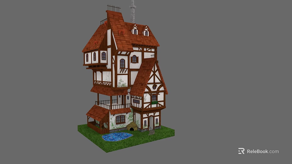 Detached Villa With Red Brown Roof White Walls Wooden Frames Small Pond And Grass 3d model 