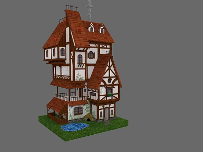 Detached Villa With Red Brown Roof White Walls Wooden Frames Small Pond And Grass 3d model