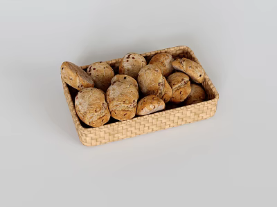 Small Golden Brown Pastries in Wicker Basket on Light Background 3d model