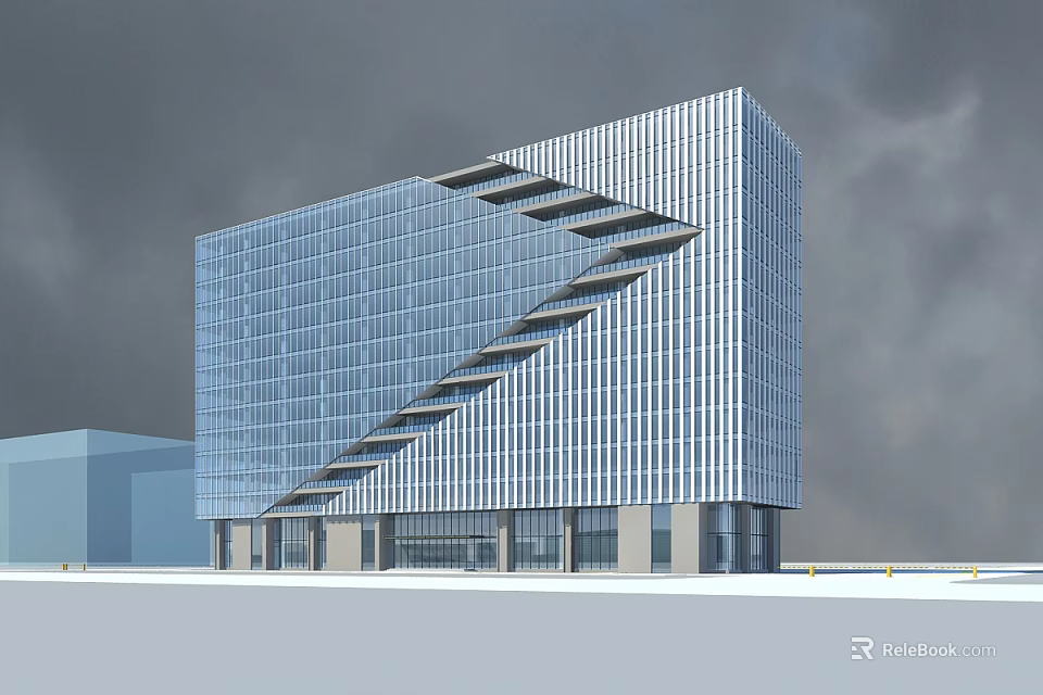 Modern Office Building With Glass Curtain Wall And Geometric Exterior Structure 3d model 