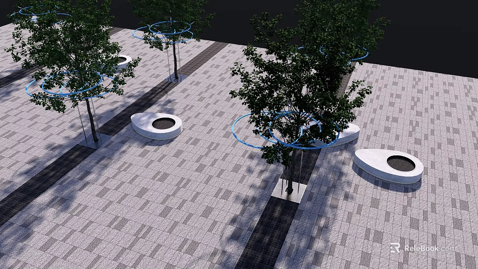 Landscape Garden Design With Trees White Circular Seats Paved Ground And Blue Rings 3d model 
