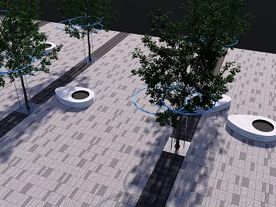 Landscape Garden Design With Trees White Circular Seats Paved Ground And Blue Rings 3d model