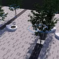 Landscape Garden Design With Trees White Circular Seats Paved Ground And Blue Rings
