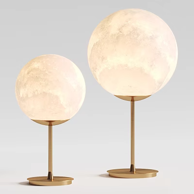 Two Spherical Table Lamps with Moon Textured Surface and Golden Metal Poles in Modern Design 3d model