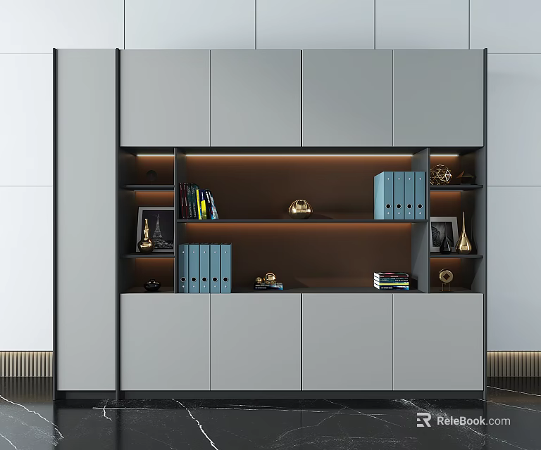 Modern Gray Bookcase Interior With Shelves Decorative Items And Warm Lighting 3d model 