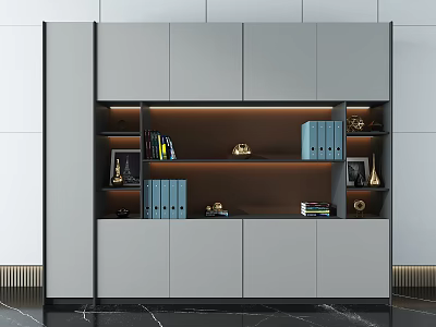 Modern Gray Bookcase Interior With Shelves Decorative Items And Warm Lighting 3d model
