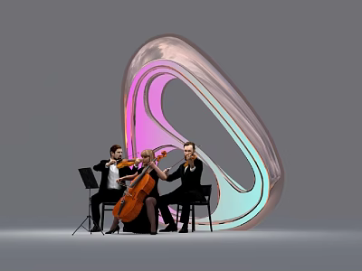 Curved Iridescent Gradient Pink Blue Art Installation With Musicians Performing String Instruments 3d model