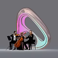 Curved Iridescent Gradient Pink Blue Art Installation With Musicians Performing String Instruments