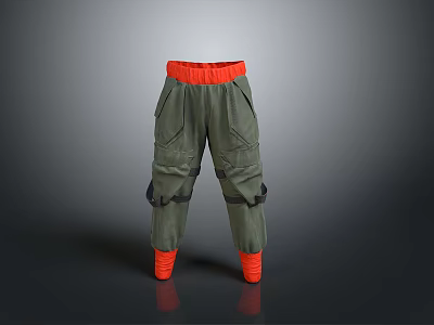 Green Cargo Pants With Orange Waistband And Ankle Cuffs Multiple Pockets Casual Style 3d model