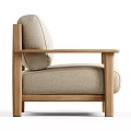 Modern Upholstered Leisure Chair With Beige Fabric And Wooden Armrests In Simple Contemporary Design