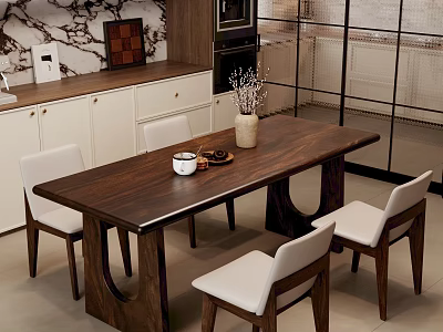 Dark Wooden Dining Table with White Chairs and Vase with Dried Flowers in Modern Kitchen 3d model