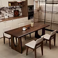Dark Wooden Dining Table with White Chairs and Vase with Dried Flowers in Modern Kitchen