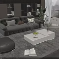 Modern Living Room Interior With Gray Sofa White Coffee Table Pillows Fruit And Gray Ottoman