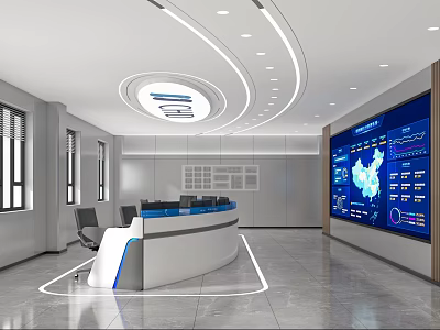 Modern Monitoring Room Featuring Curved Control Console And Large Digital 3d model
