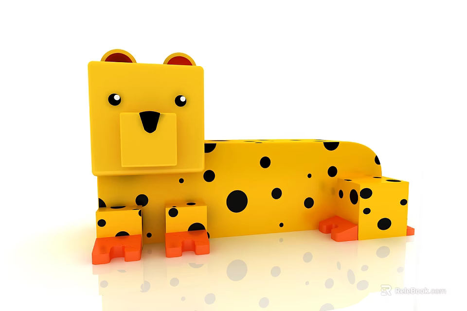 Yellow Leopard Shaped Kids Chair With Black Spots And Orange Block Feet 3d model 