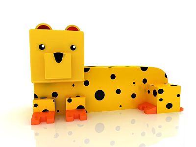 Yellow Leopard Shaped Kids Chair With Black Spots And Orange Block Feet 3d model
