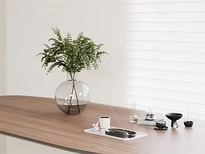 Transparent Glass Vase With Green Foliage On Wooden Table Near White Blinds And Decorative Items 3d model