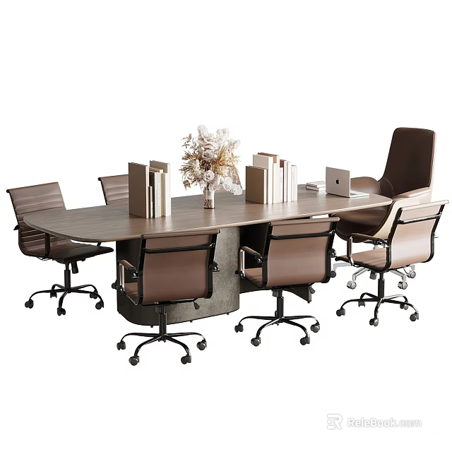 Modern Wooden Conference Table With Office Chairs Books Vase Flowers And Laptop 3d model 