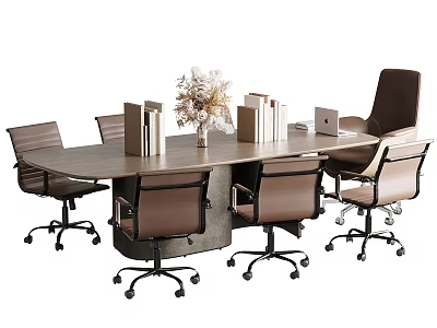 Modern Wooden Conference Table With Office Chairs Books Vase Flowers And Laptop 3d model